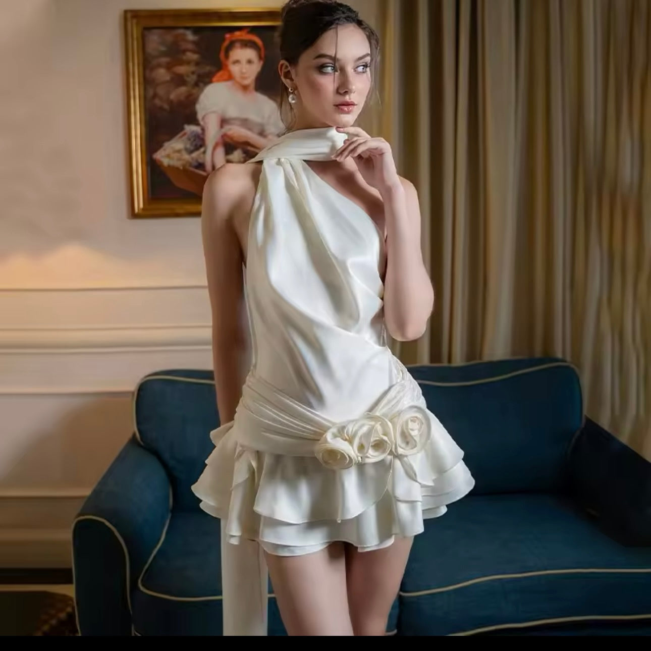 Ruffled Backless Mini Dress with Rose Detail Backless Mini Dress