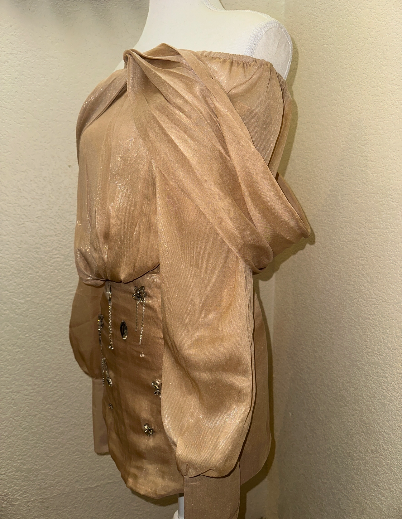 Tan Gold Embellished Off Shoulder Mini Dress Puff Sleeve Off Shoulder Mini Dress Gemstone Mini Dress Formal Dress