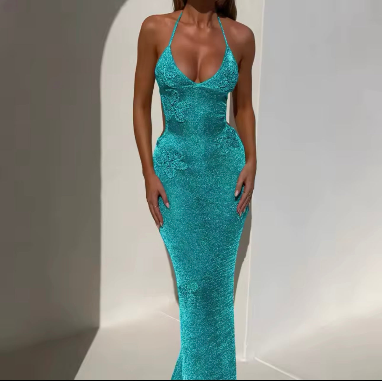 Blue Sequin Glitter Maxi Dress Backless Dress Embellished Sequin Dress Vacation Dress