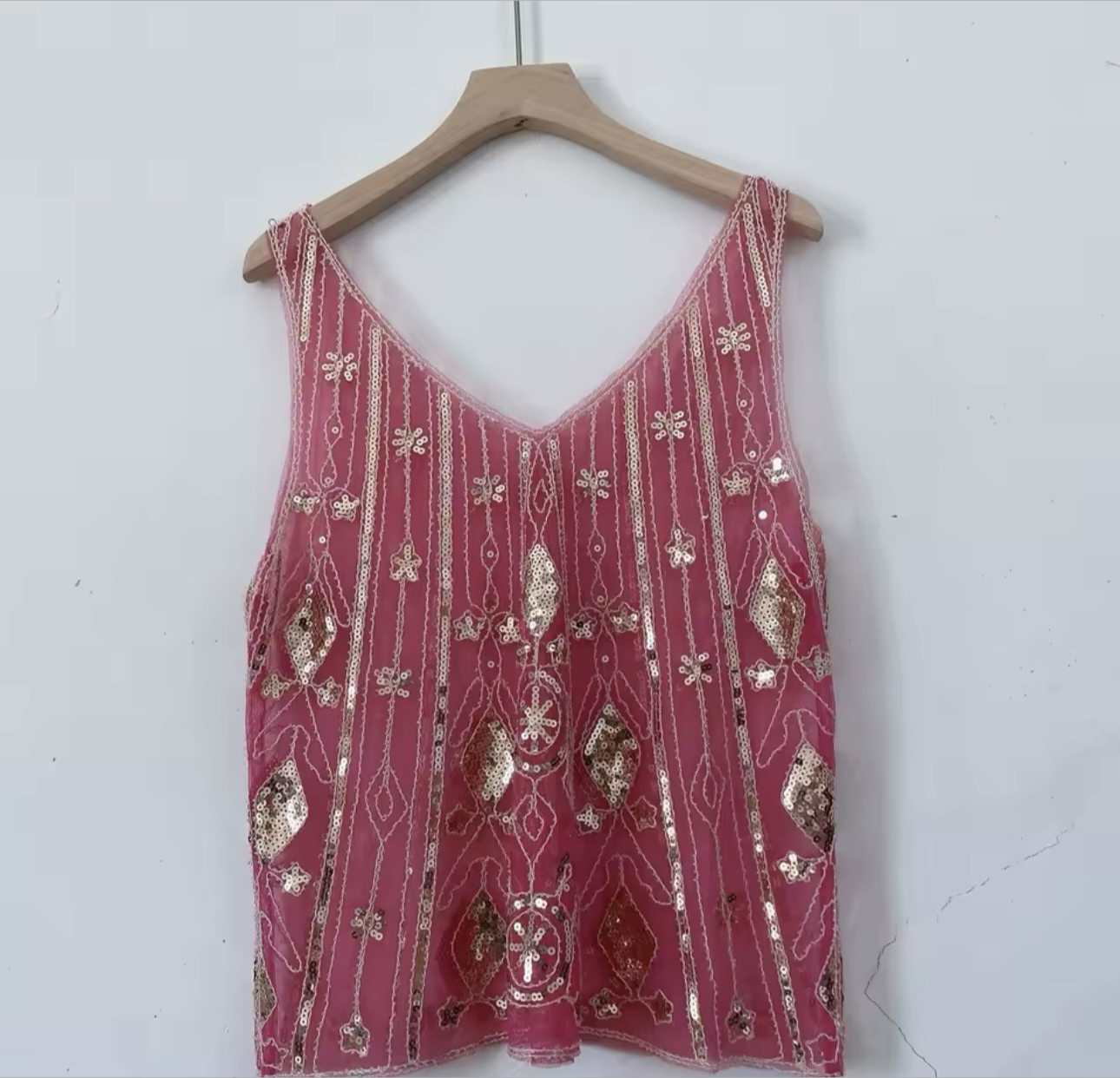 Pink and Gold Sequin Top Sheer Embellished Top Boho Sequin Top