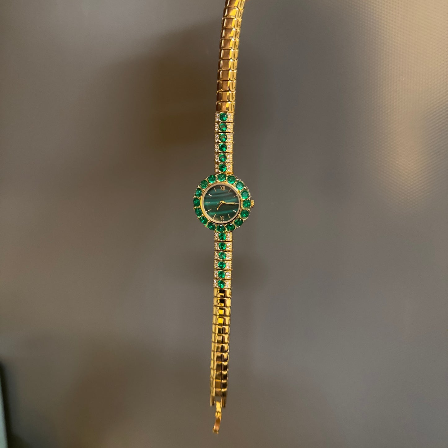 Women’s Gold Watch, Gold and Green Watch, Bracelet Watch, Vintage Watch, Gold Crystal Watch