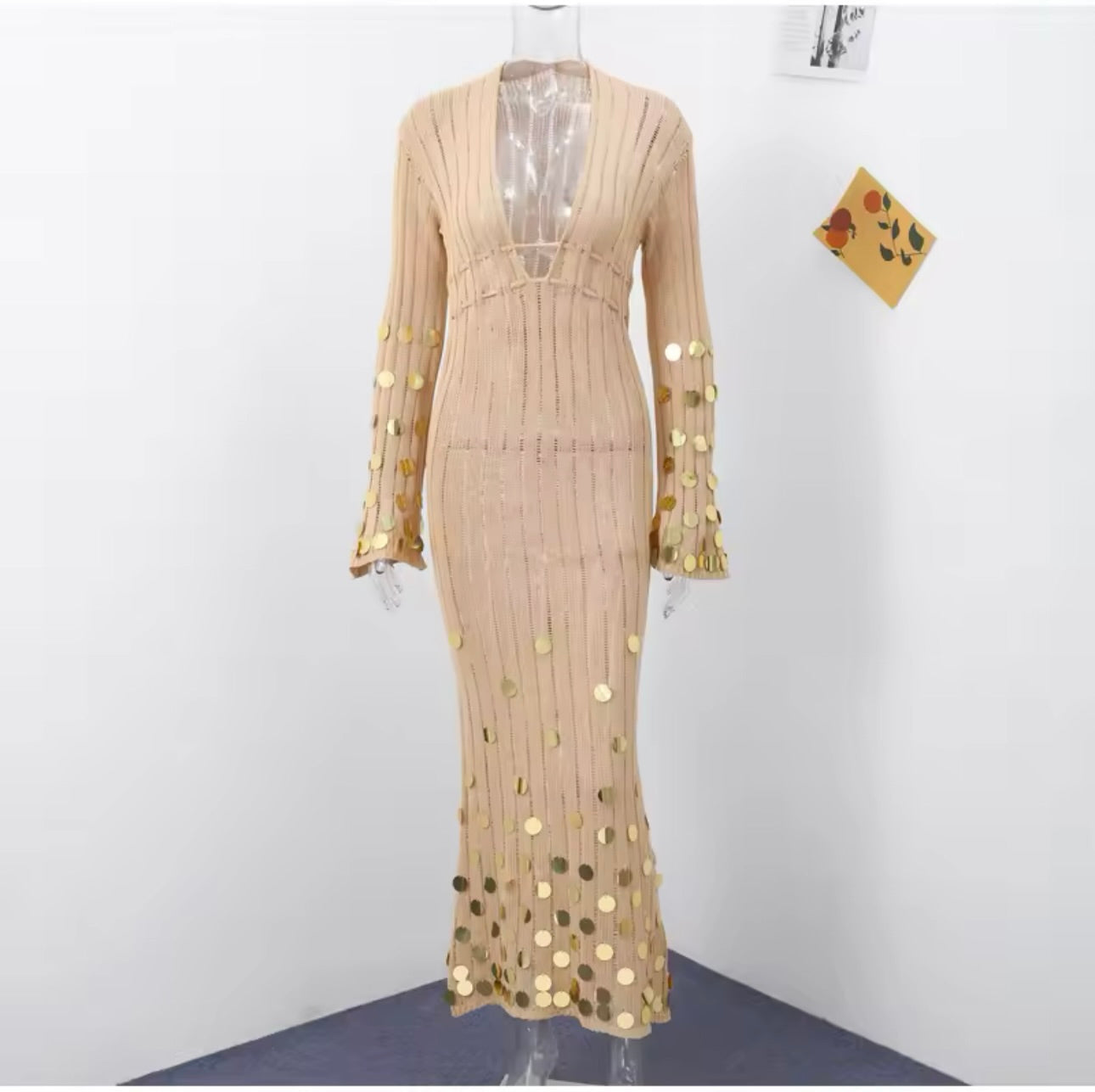 Beige and Gold Sequin Maxi Dress Embellished Dress Vacation Dress