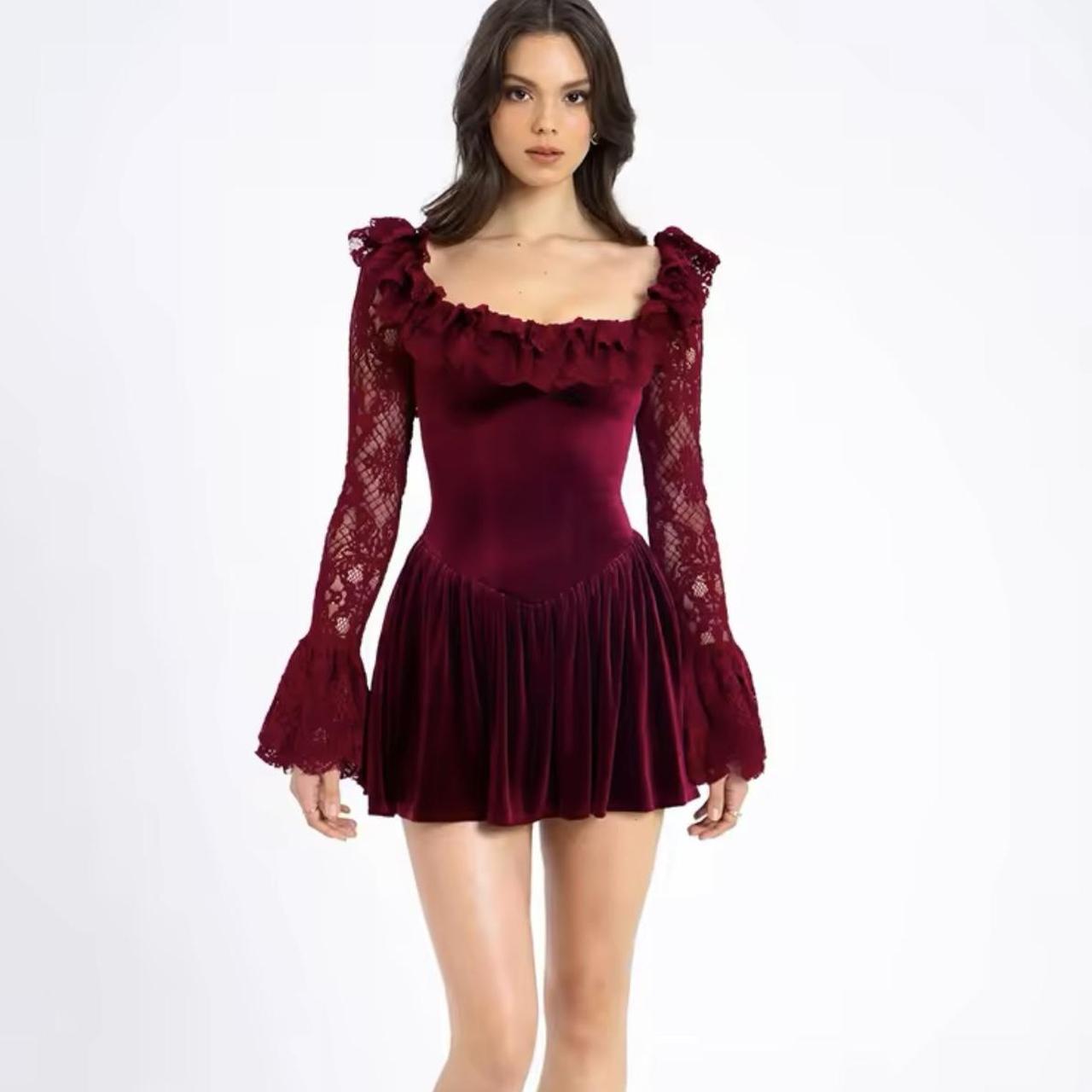 Square Neck Burgundy Velvet Mini Dress with Lace Sleeves and Ruffle Details