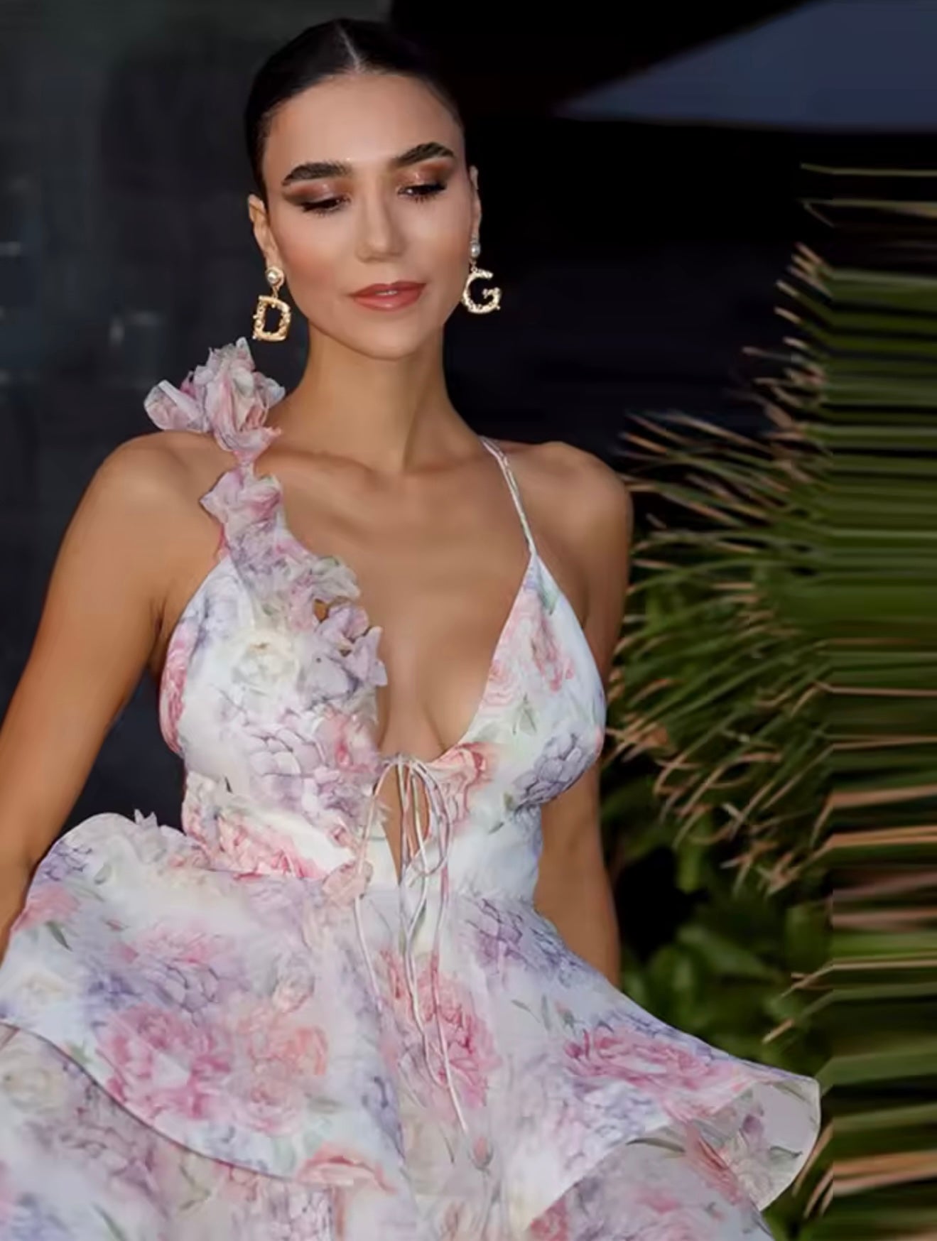 Pink Floral Ruffled Open Back Mini Dress