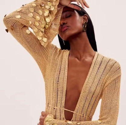 Beige and Gold Sequin Maxi Dress Embellished Dress Vacation Dress