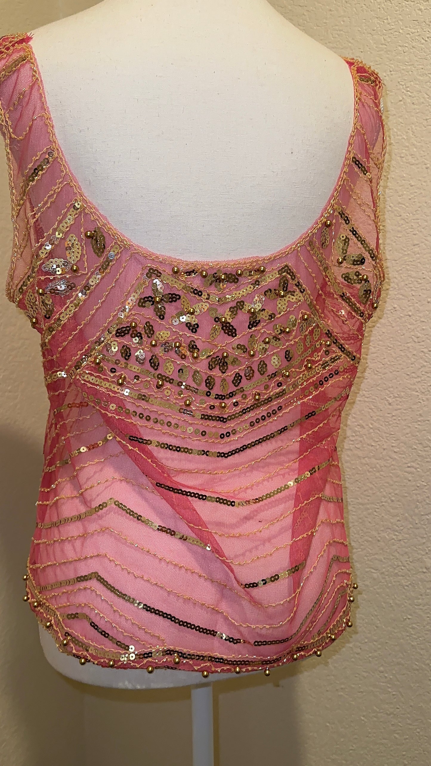 Pink and Gold Sequin Top Sheer Embellished Top Boho Sequin Top