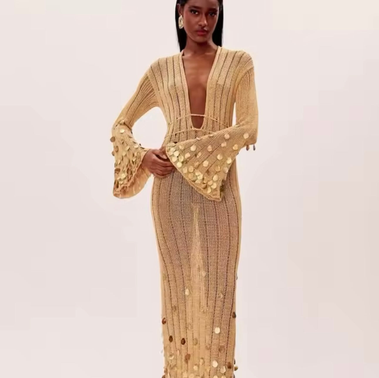 Beige and Gold Sequin Maxi Dress Embellished Dress Vacation Dress