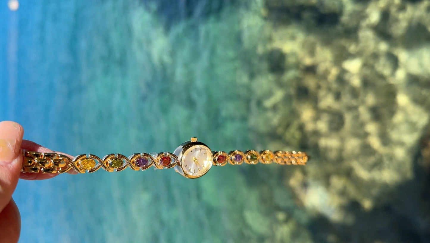 Vintage Gold Watch, Women's Gold Watch, Unique Watch, Rainbow Gemstone Watch, Vintage Inspired Watch, Mother's Day Gift