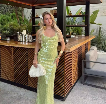 Green Sequin Maxi Dress Embellished Backless Maxi Dress
