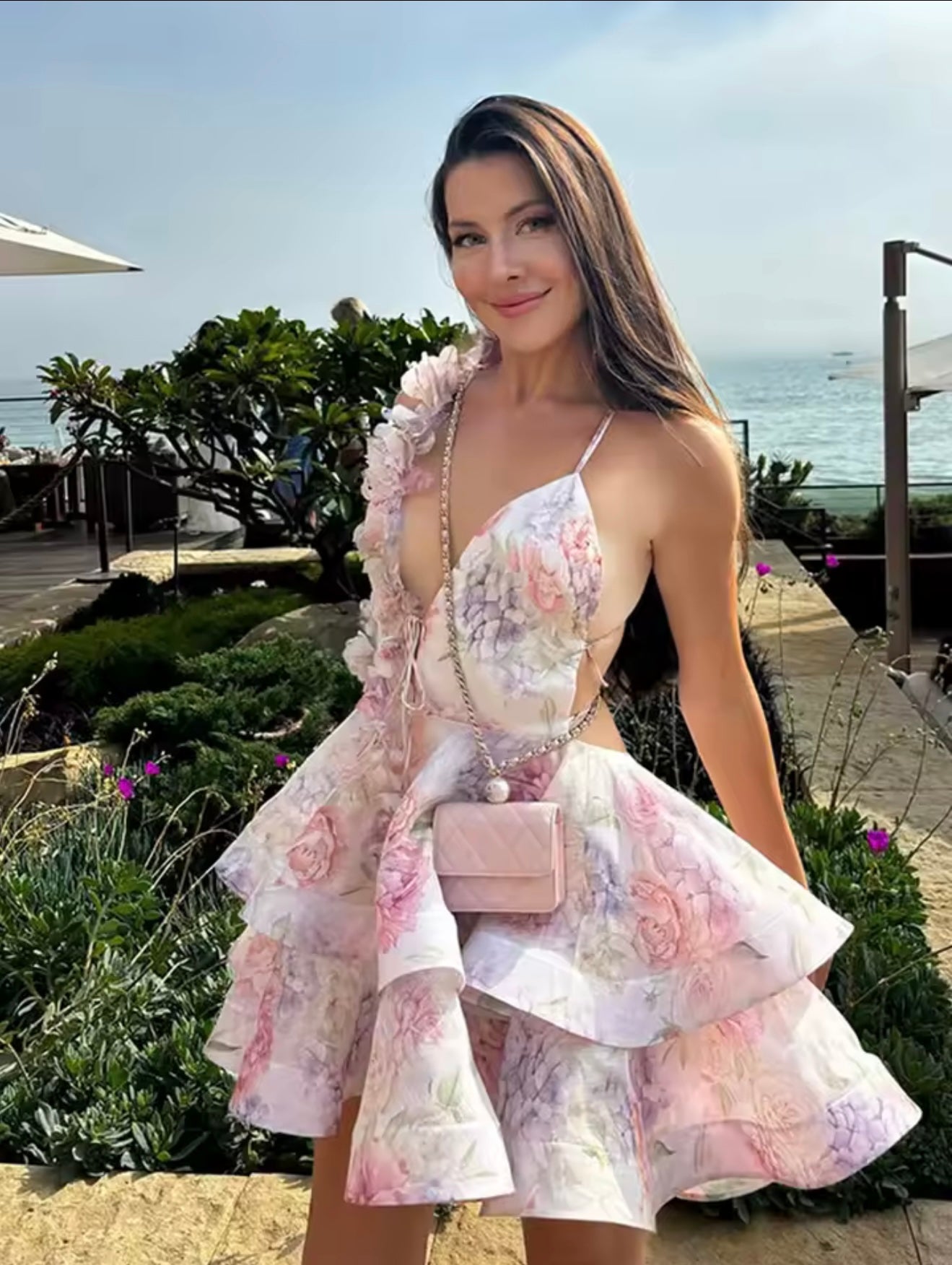 Pink Floral Ruffled Open Back Mini Dress