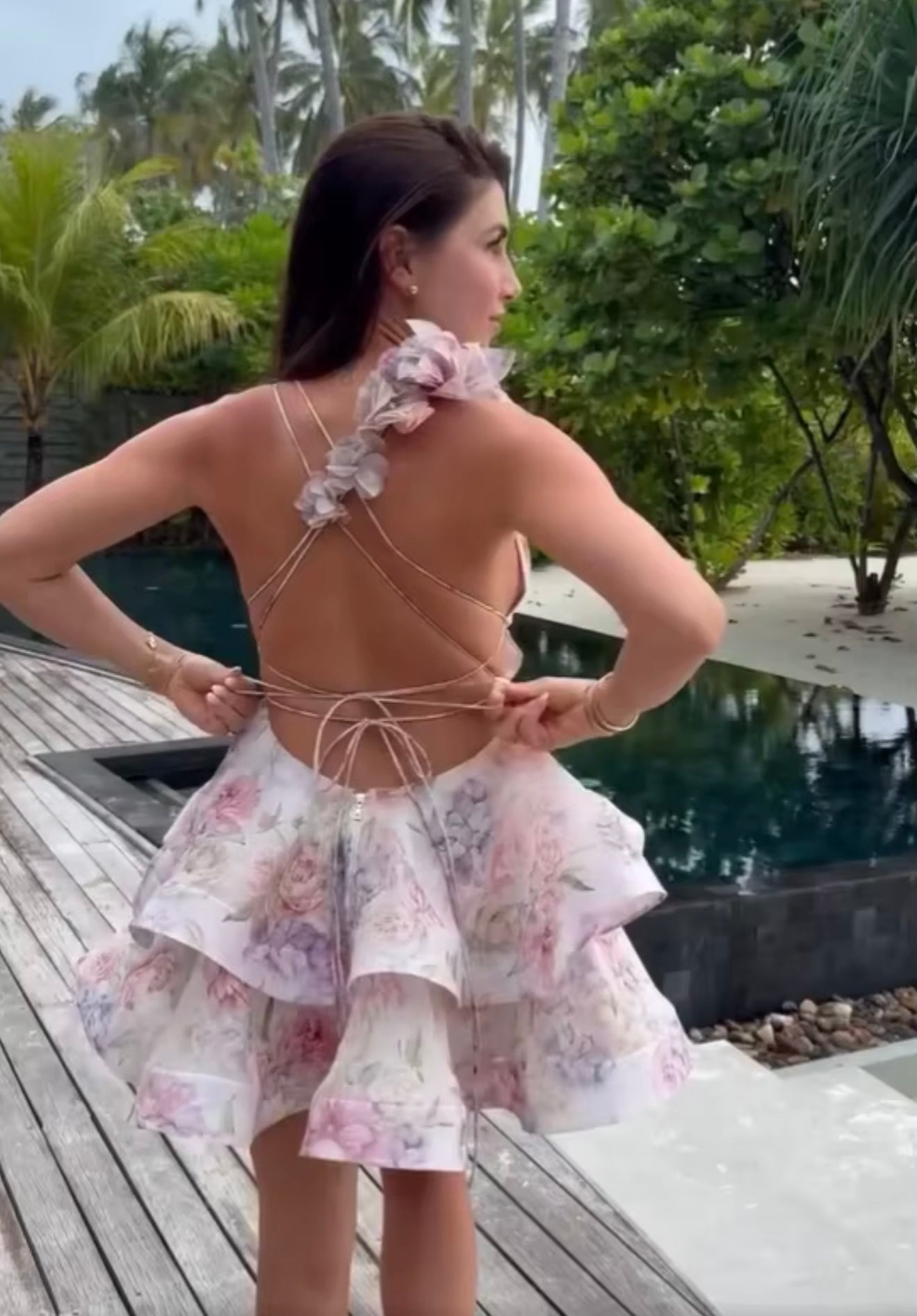 Pink Floral Ruffled Open Back Mini Dress