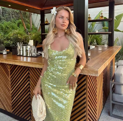 Green Sequin Maxi Dress Embellished Backless Maxi Dress