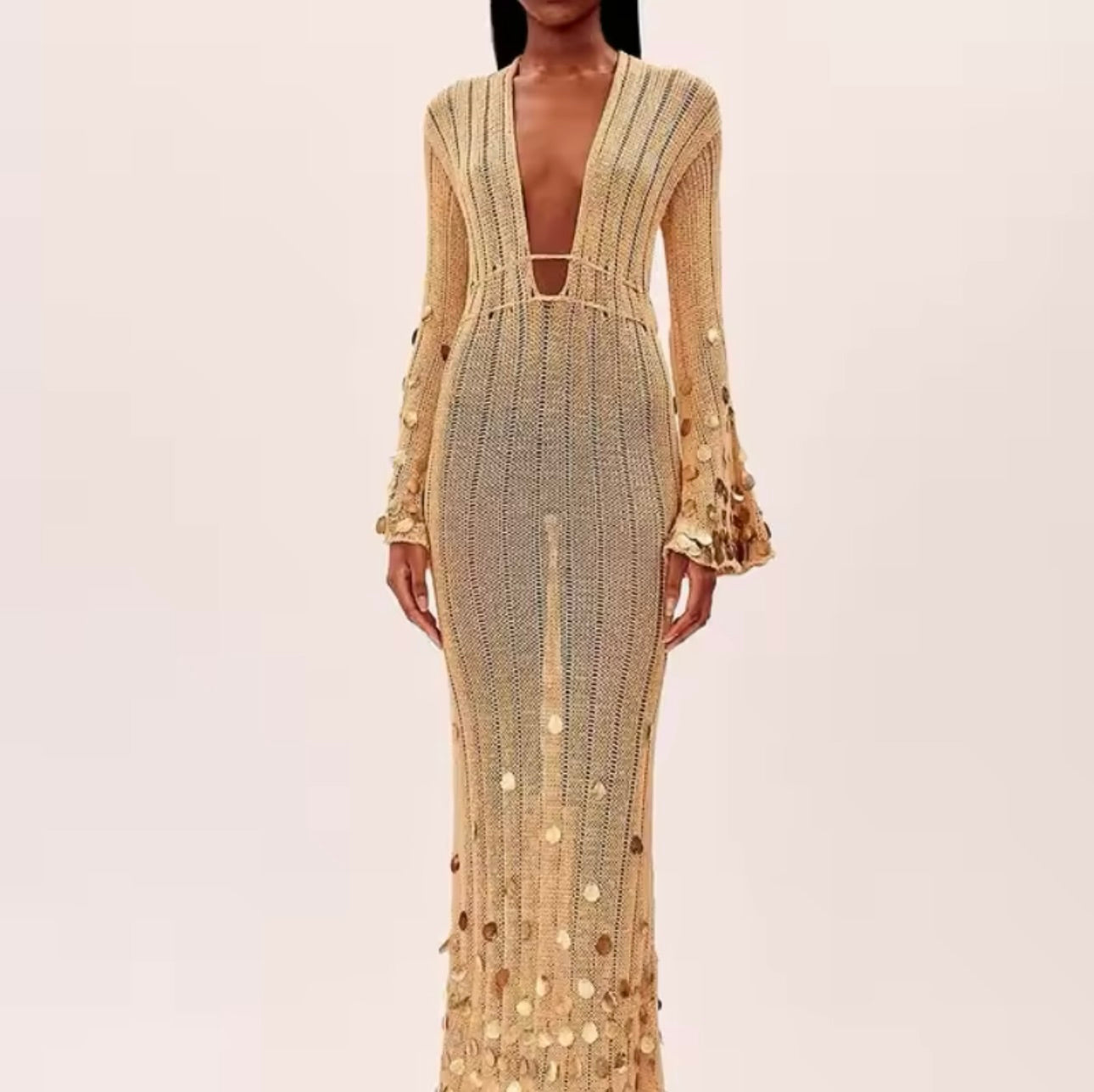 Beige and Gold Sequin Maxi Dress Embellished Dress Vacation Dress
