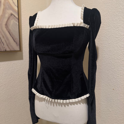 Velvet Black Square Neck Corset Top Black Corset Blouse with Pearls and Puff Sleeves