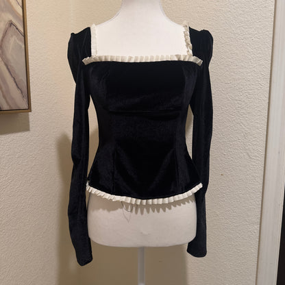 Velvet Black Square Neck Corset Top Black Corset Blouse with Pearls and Puff Sleeves