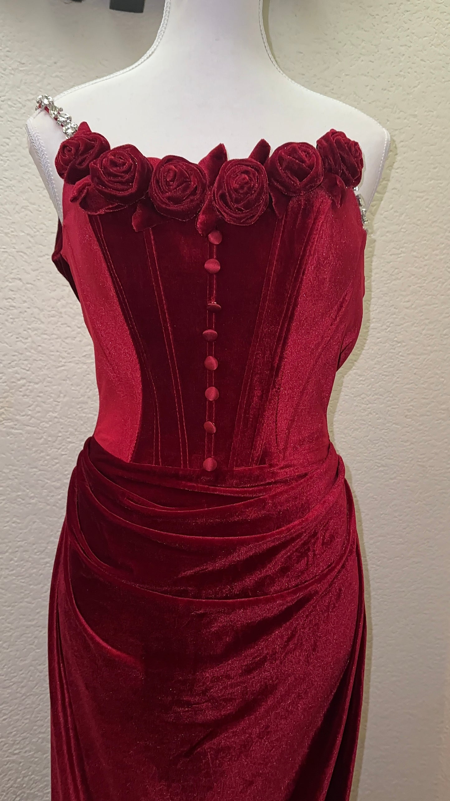 Burgundy Velvet Corset Dress Velvet Corset Maxi Dress Gown with Rose Details