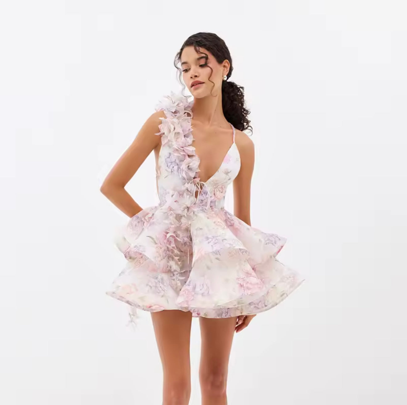 Pink Floral Ruffled Open Back Mini Dress