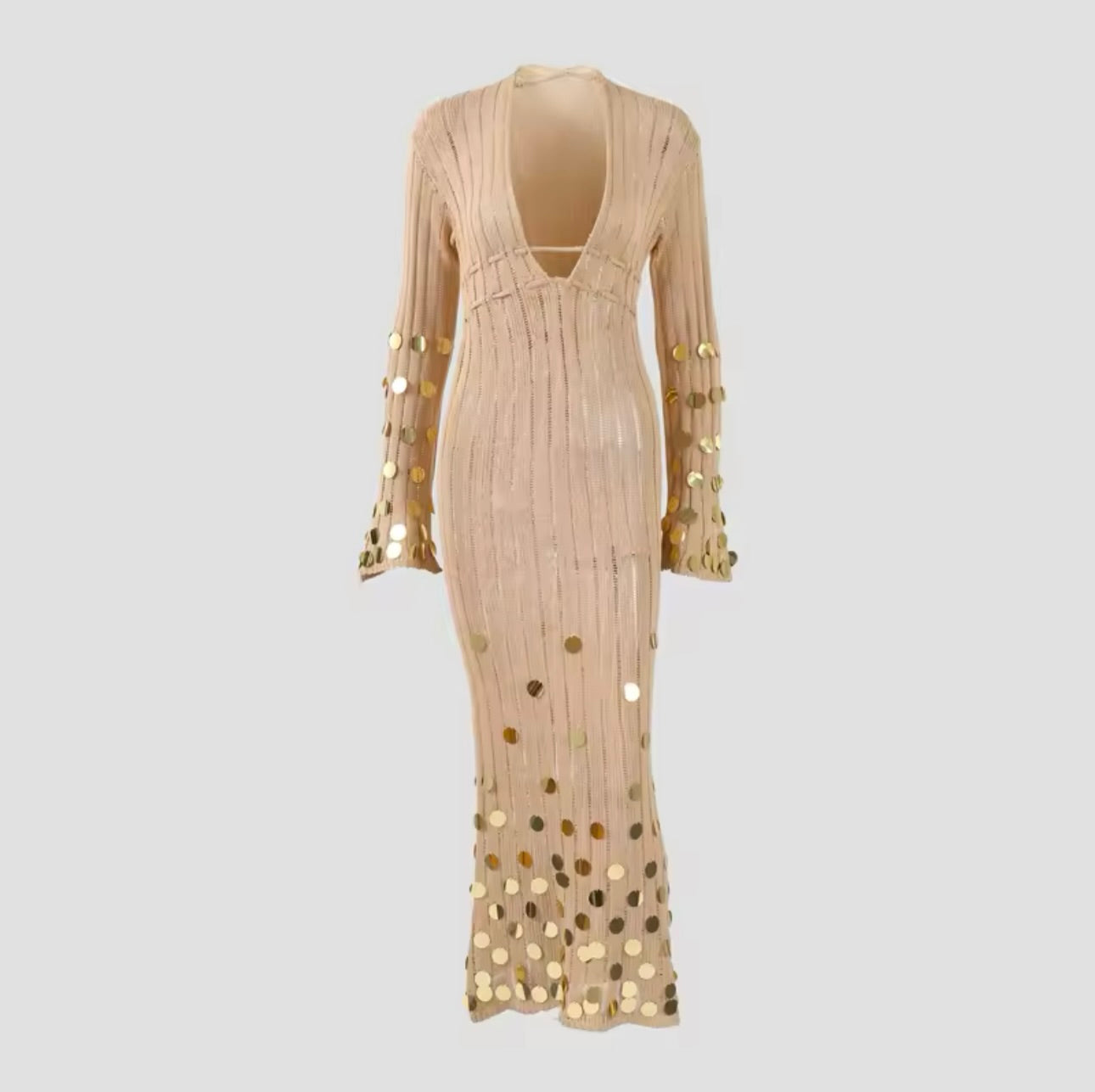 Beige and Gold Sequin Maxi Dress Embellished Dress Vacation Dress