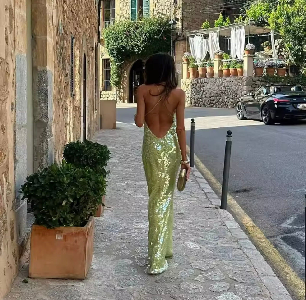 Green Sequin Maxi Dress Embellished Backless Maxi Dress