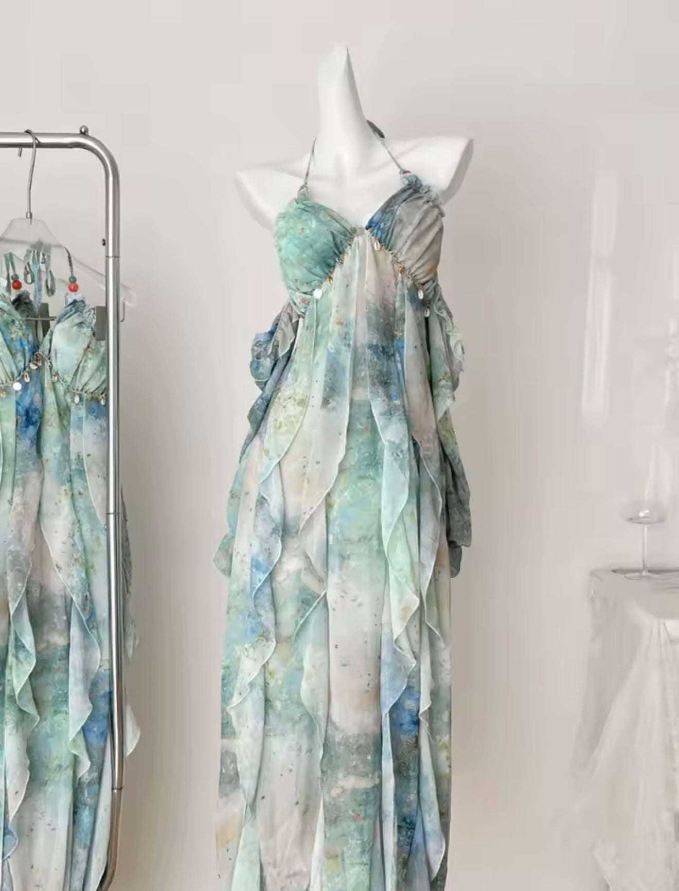 Shell Embellished Blue Beach Ruffled Maxi Dress