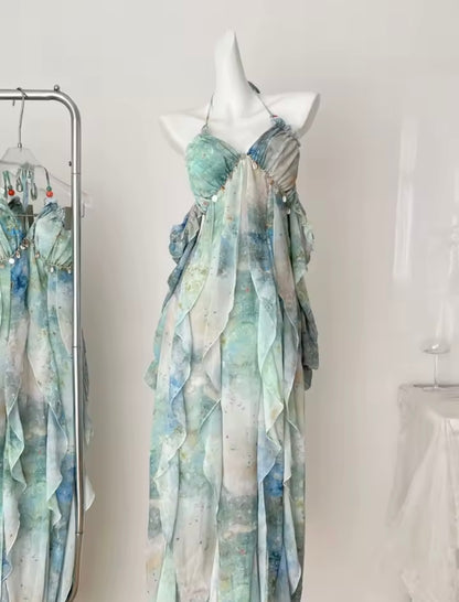 Shell Embellished Blue Beach Ruffled Maxi Dress