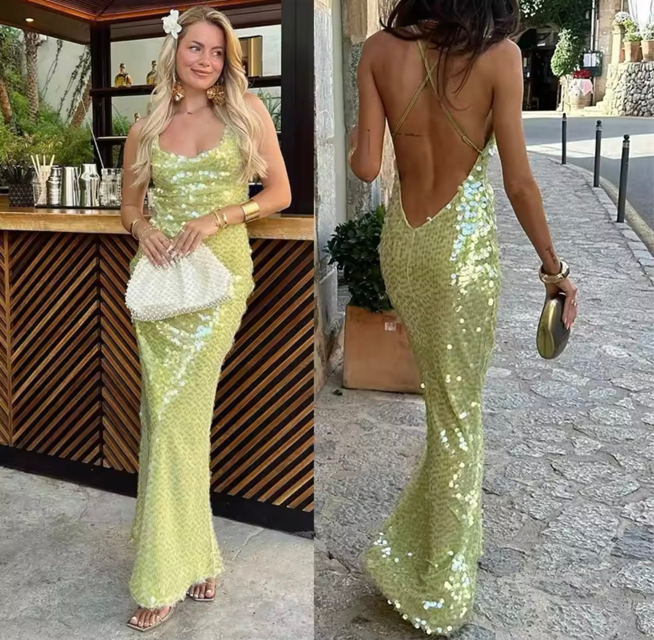 Green Sequin Maxi Dress Embellished Backless Maxi Dress