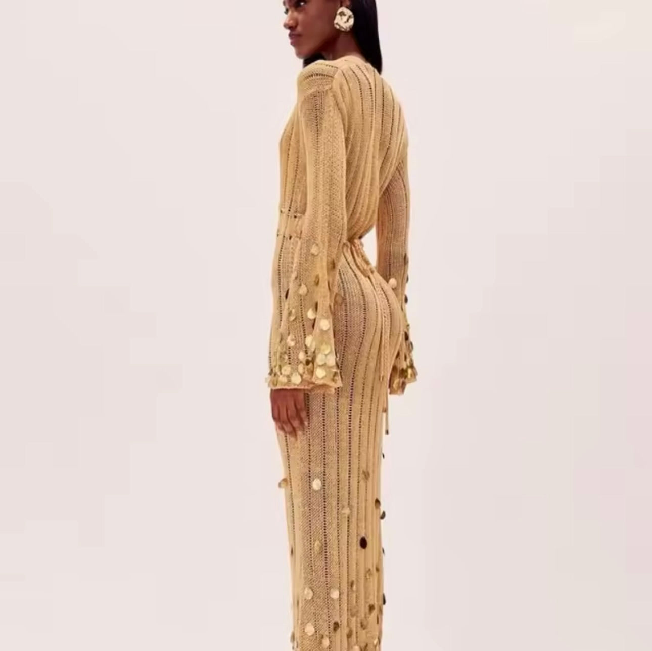 Beige and Gold Sequin Maxi Dress Embellished Dress Vacation Dress