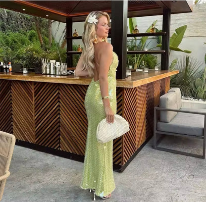 Green Sequin Maxi Dress Embellished Backless Maxi Dress