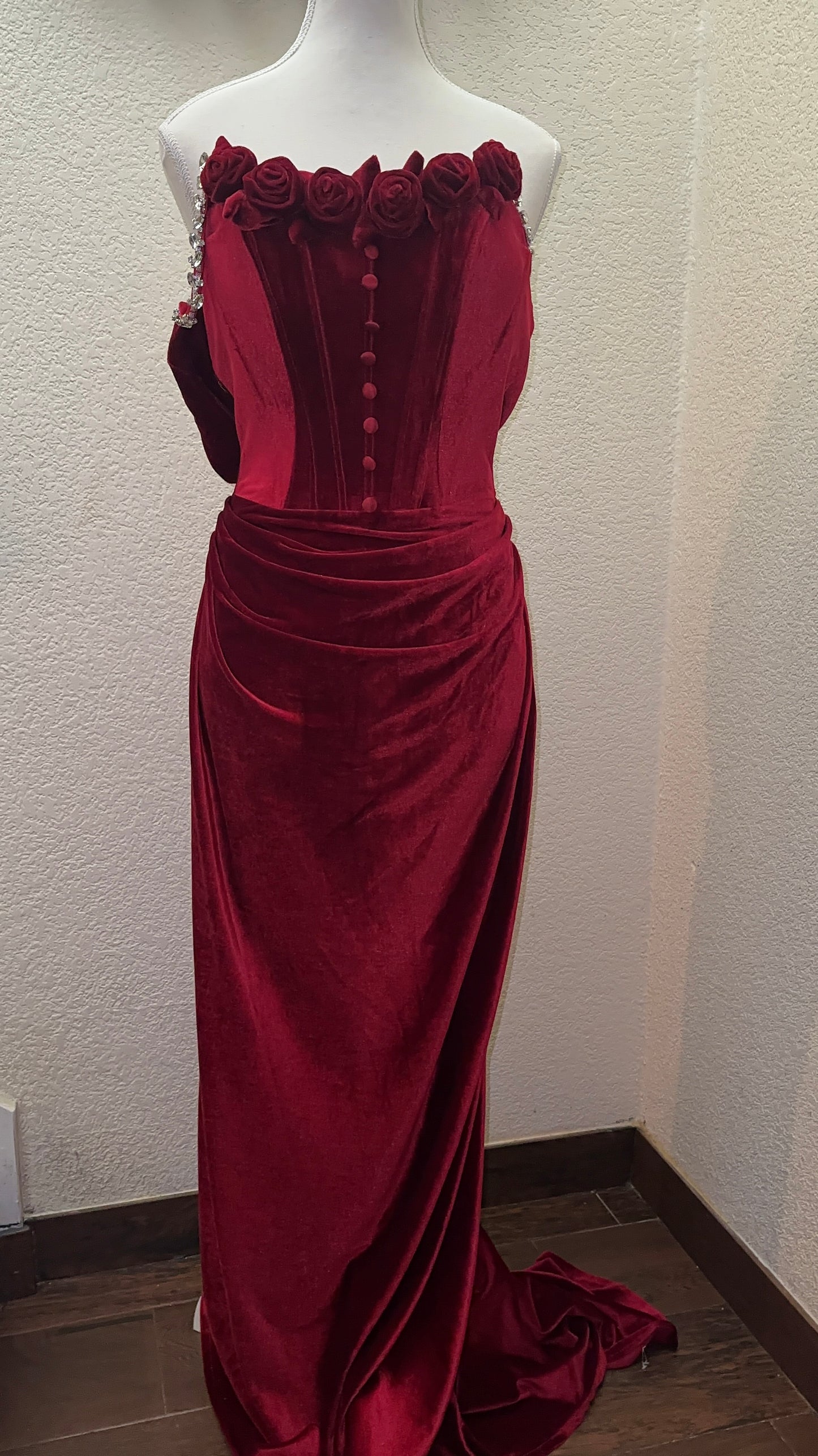 Burgundy Velvet Corset Dress Velvet Corset Maxi Dress Gown with Rose Details