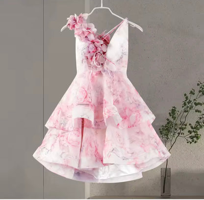 Pink Floral Ruffled Open Back Mini Dress
