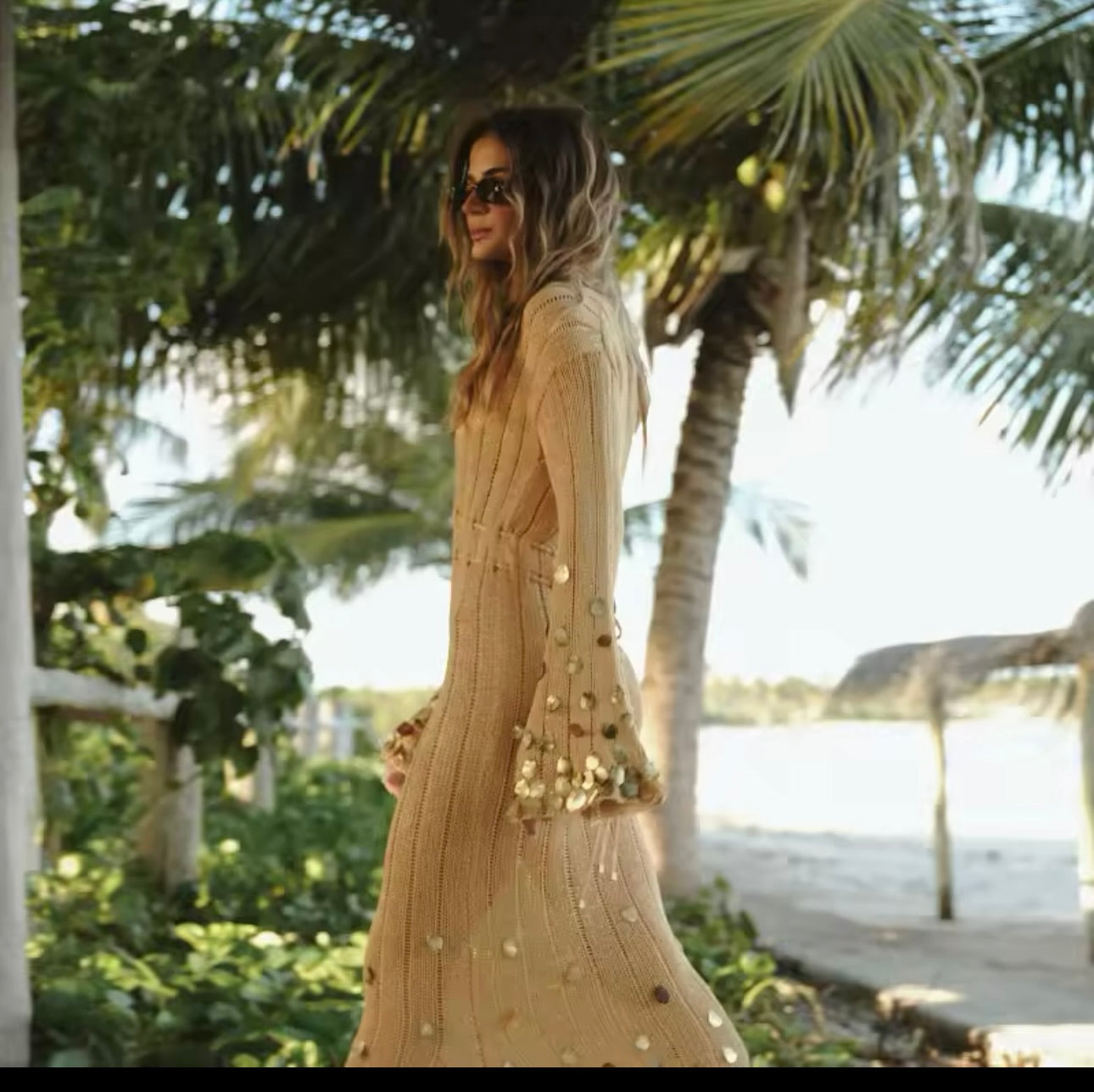 Beige and Gold Sequin Maxi Dress Embellished Dress Vacation Dress
