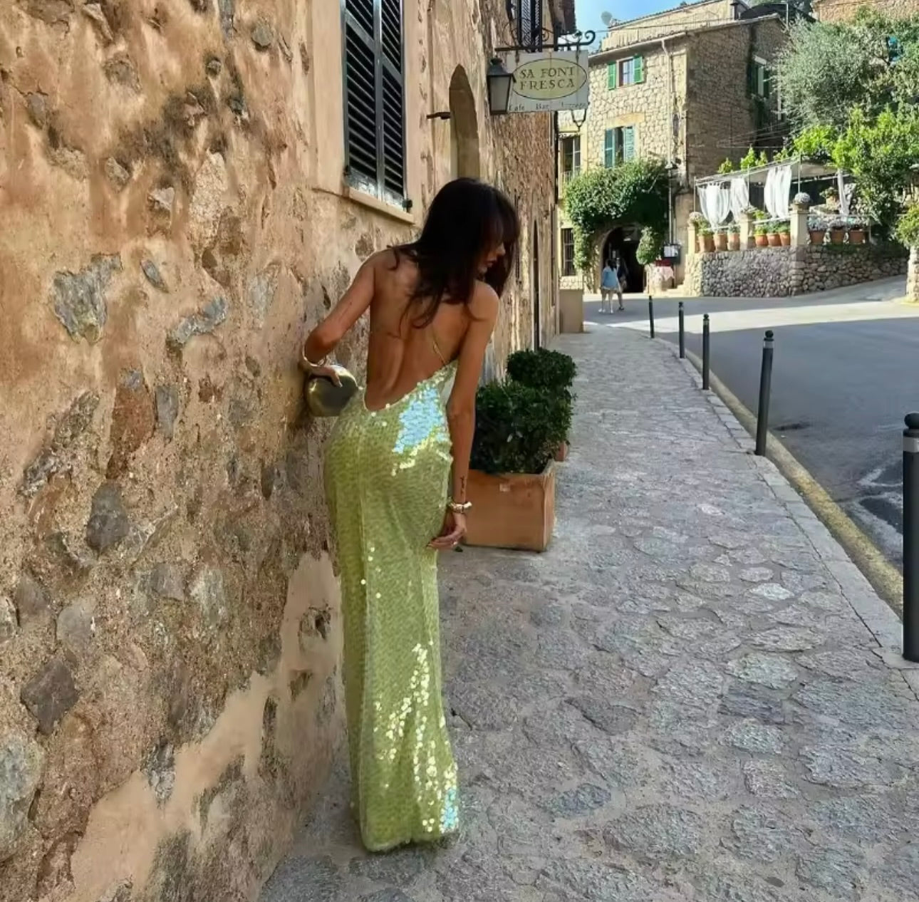 Green Sequin Maxi Dress Embellished Backless Maxi Dress