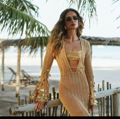 Beige and Gold Sequin Maxi Dress Embellished Dress Vacation Dress
