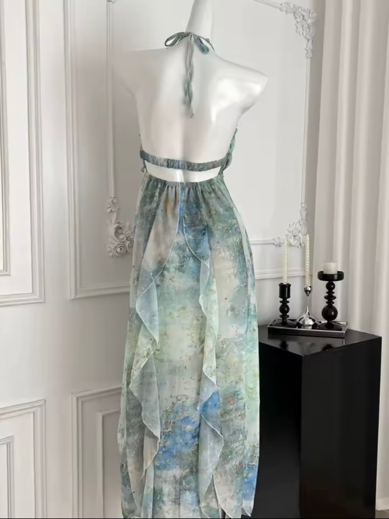 Shell Embellished Blue Beach Ruffled Maxi Dress