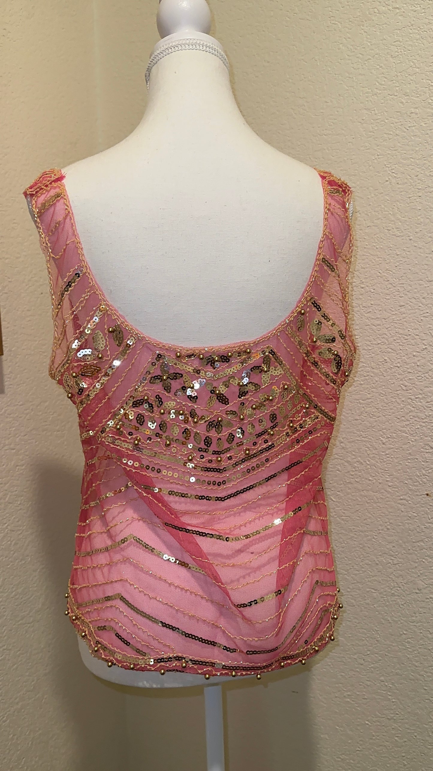 Pink and Gold Sequin Top Sheer Embellished Top Boho Sequin Top