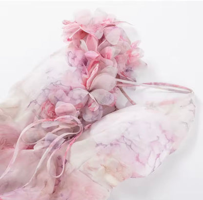 Pink Floral Ruffled Open Back Mini Dress