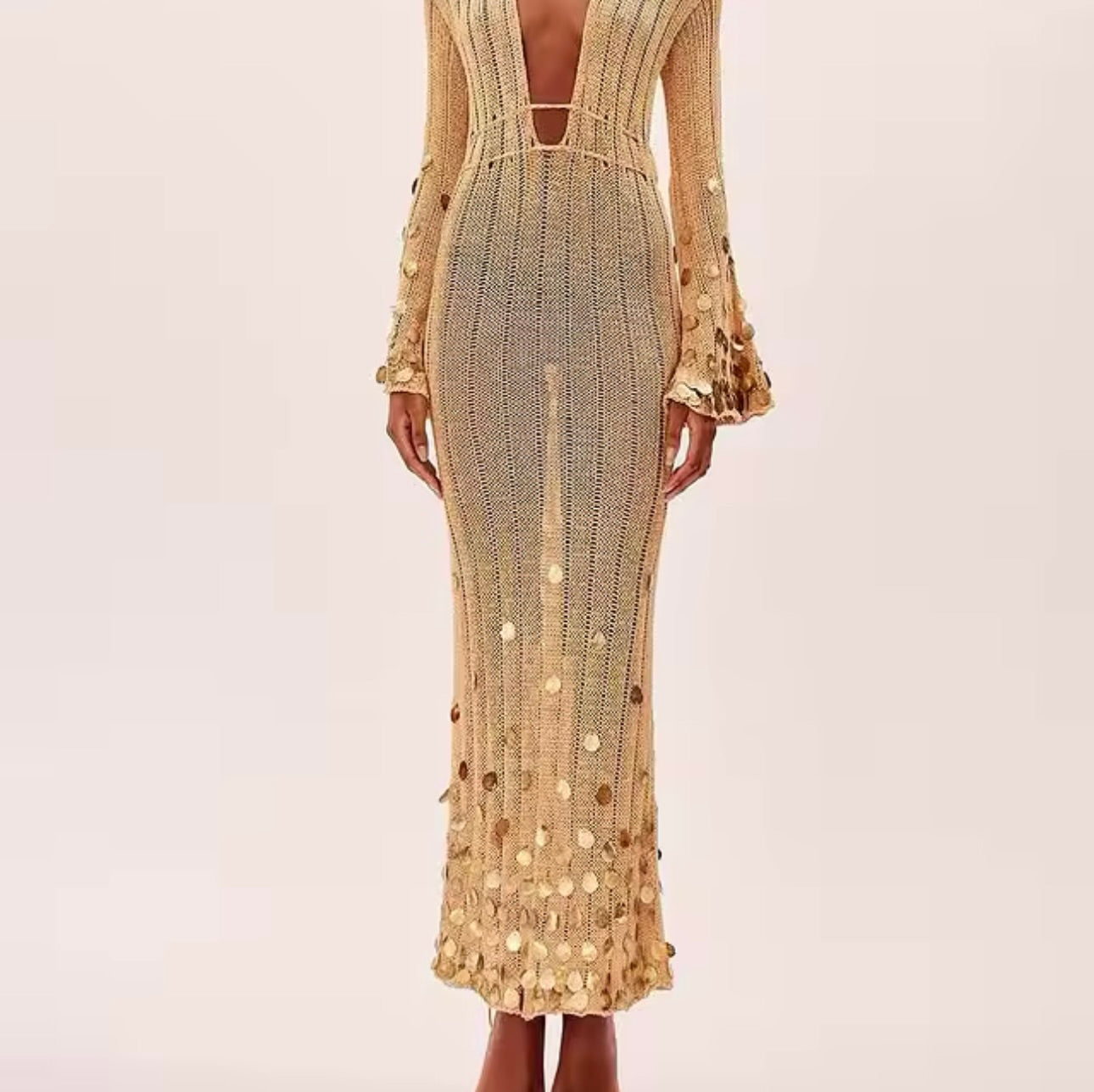 Beige and Gold Sequin Maxi Dress Embellished Dress Vacation Dress