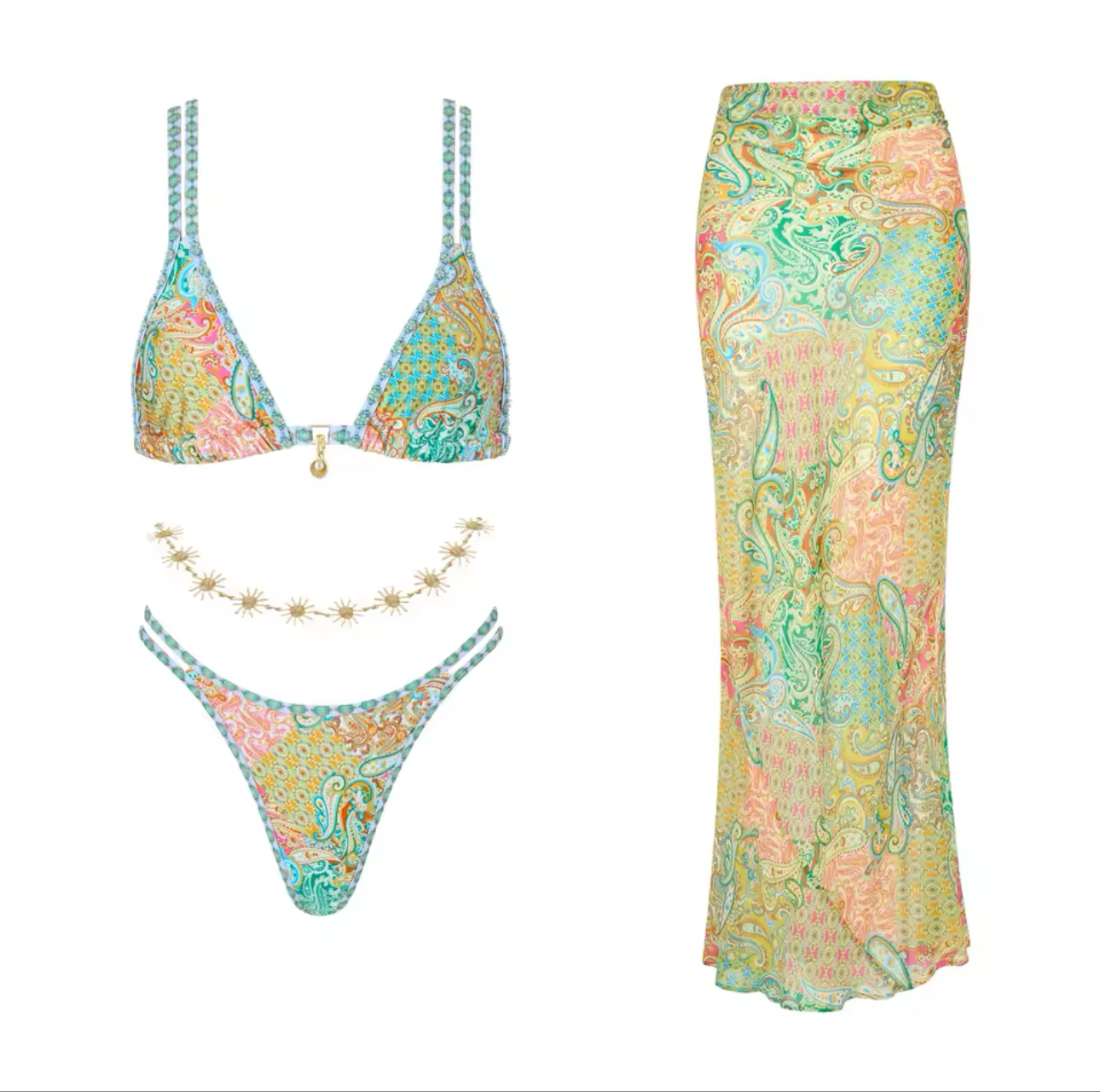 Boho Bikini Maxi Skirt Set Paisley Bikini Green Bikini