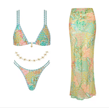 Boho Bikini Maxi Skirt Set Paisley Bikini Green Bikini