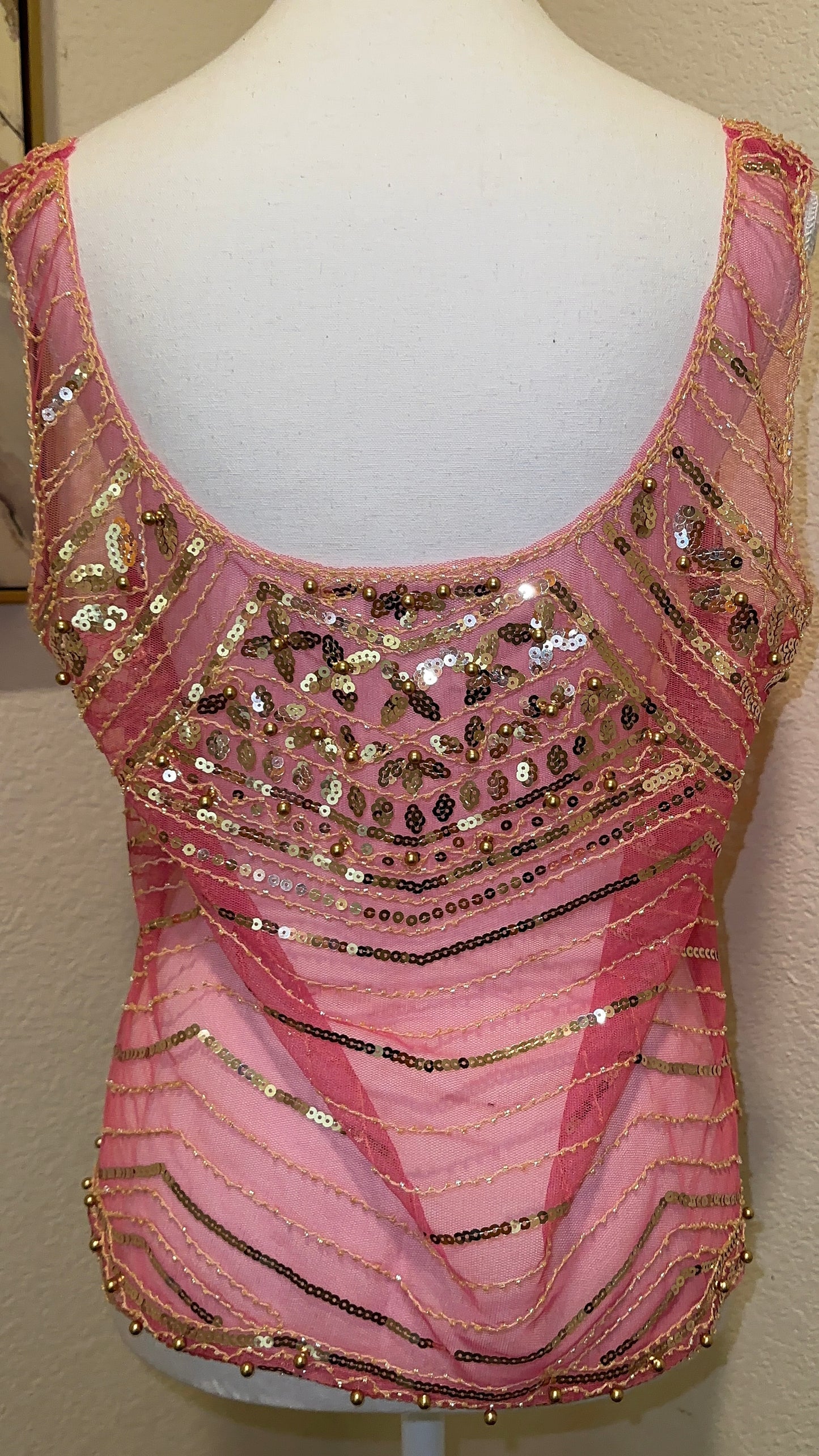 Pink and Gold Sequin Top Sheer Embellished Top Boho Sequin Top