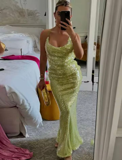 Green Sequin Maxi Dress Embellished Backless Maxi Dress