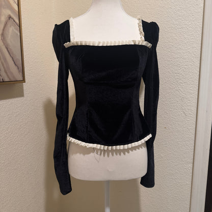 Velvet Black Square Neck Corset Top Black Corset Blouse with Pearls and Puff Sleeves