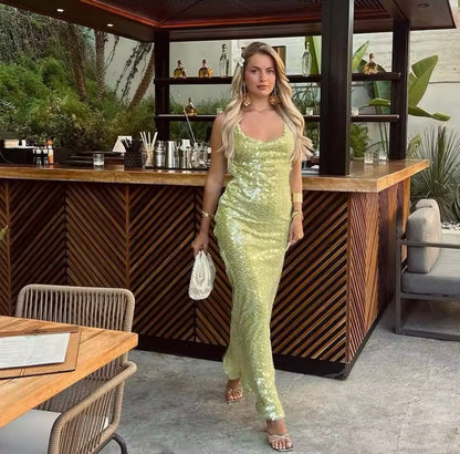 Green Sequin Maxi Dress Embellished Backless Maxi Dress