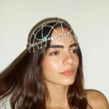 Silver Crystal Rhinestone Headpiece Head Chain Headdress Festival Jewelry