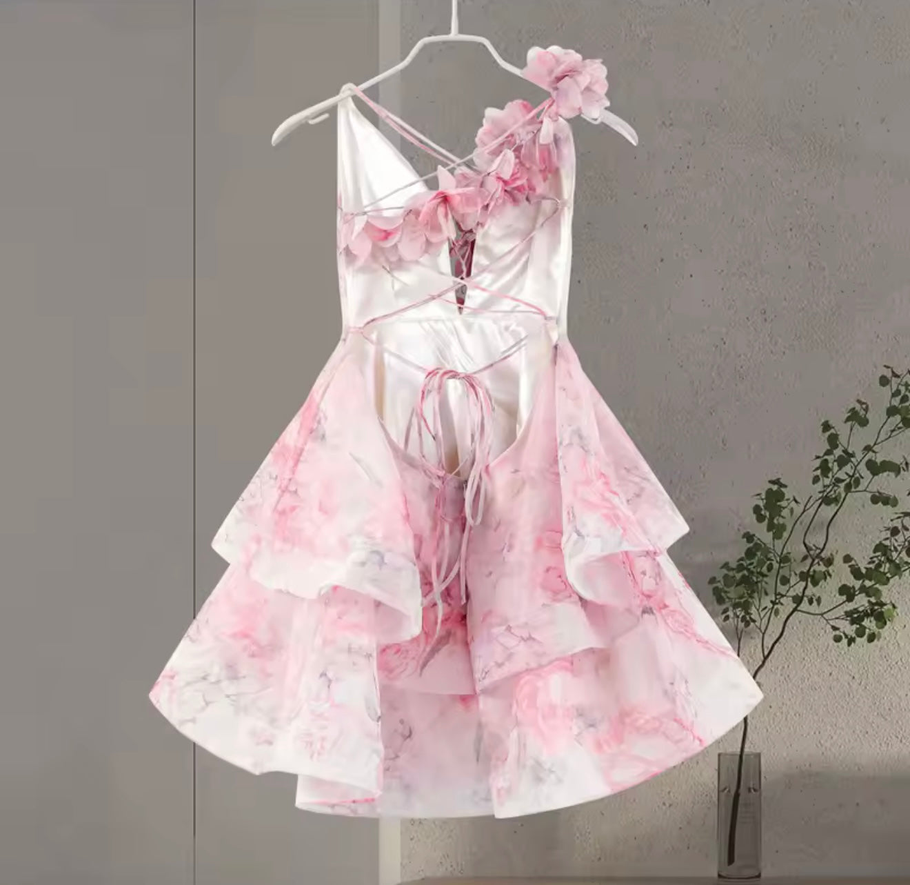 Pink Floral Ruffled Open Back Mini Dress