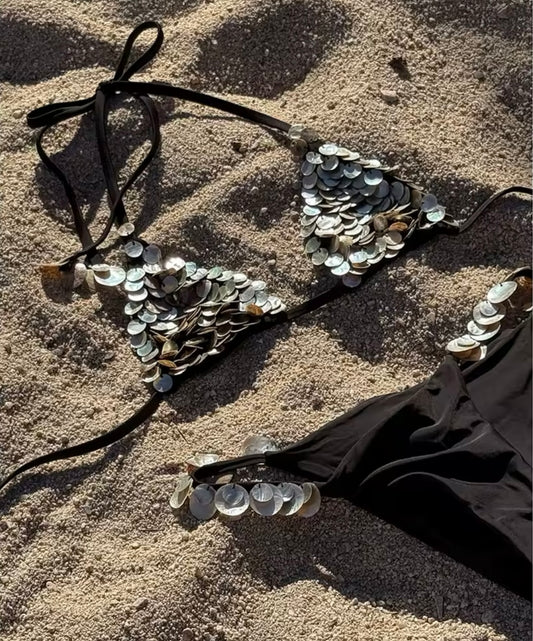 Shell Embellished Black Bikini