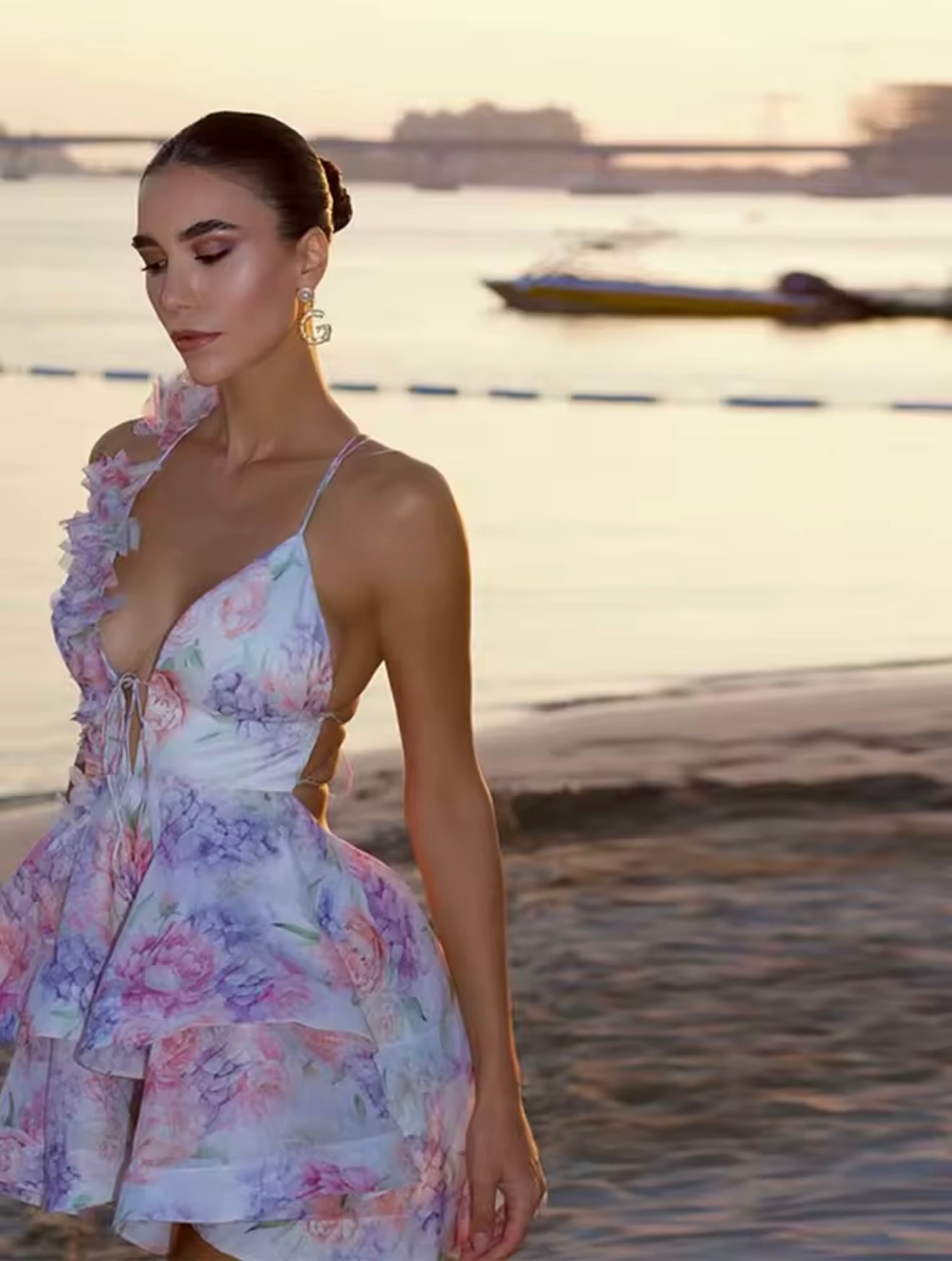 Pink Floral Ruffled Open Back Mini Dress