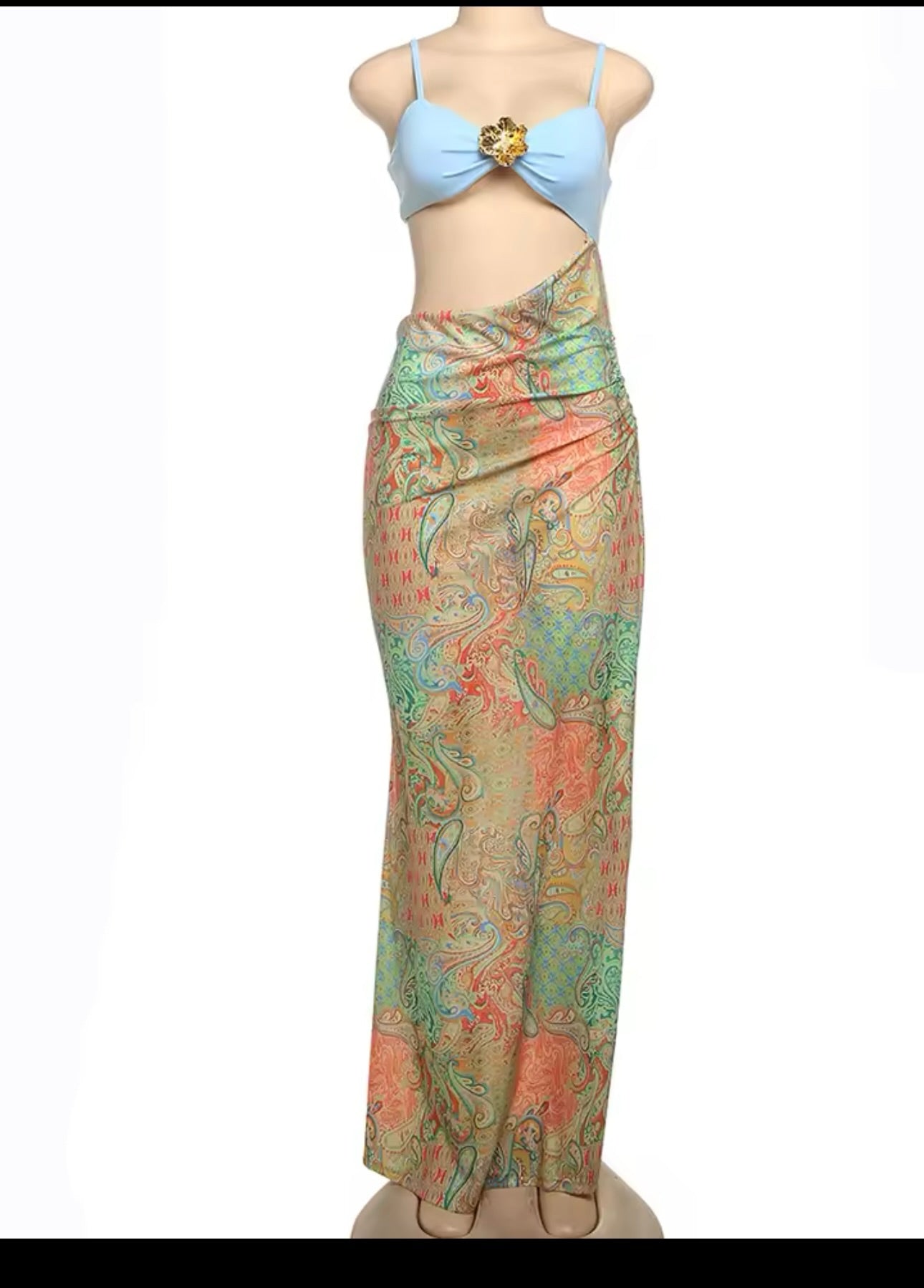 Beach Boho Paisley Maxi Dress Bikini Coverup Vacation Skirt Set