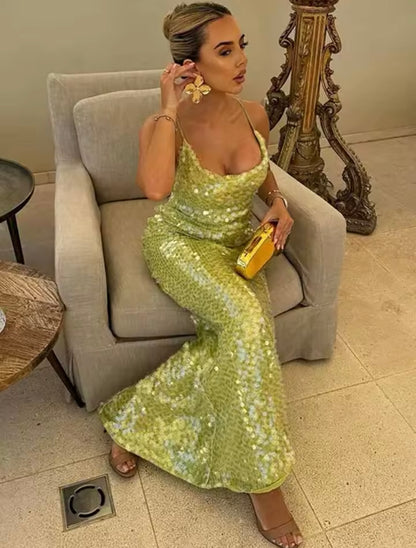Green Sequin Maxi Dress Embellished Backless Maxi Dress