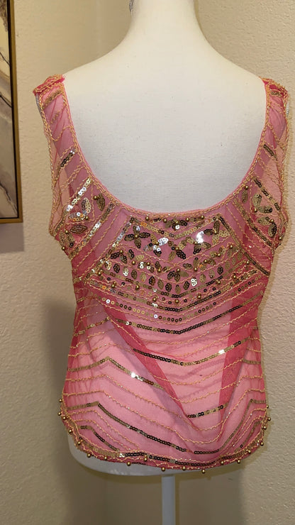 Pink and Gold Sequin Top Sheer Embellished Top Boho Sequin Top